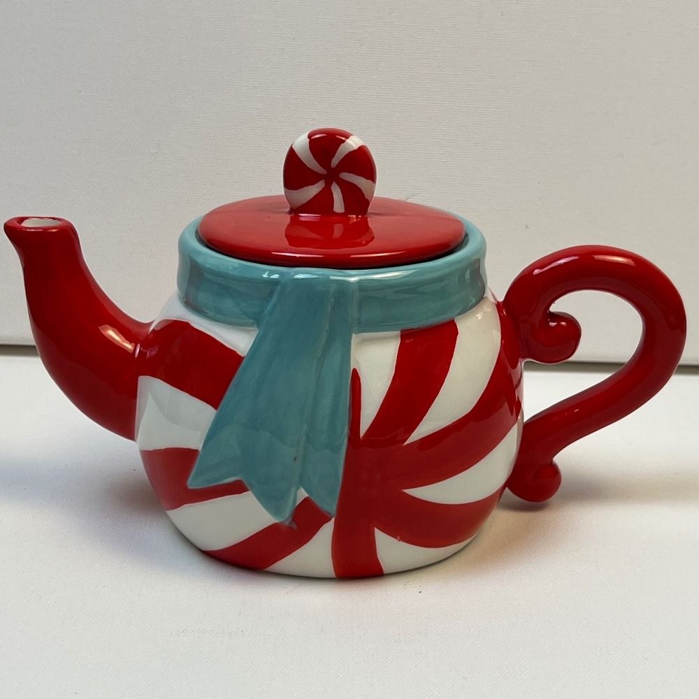 Red White Peppermint Candy Swirl Ceramic Teapot with Blue Scarf Holiday Decor